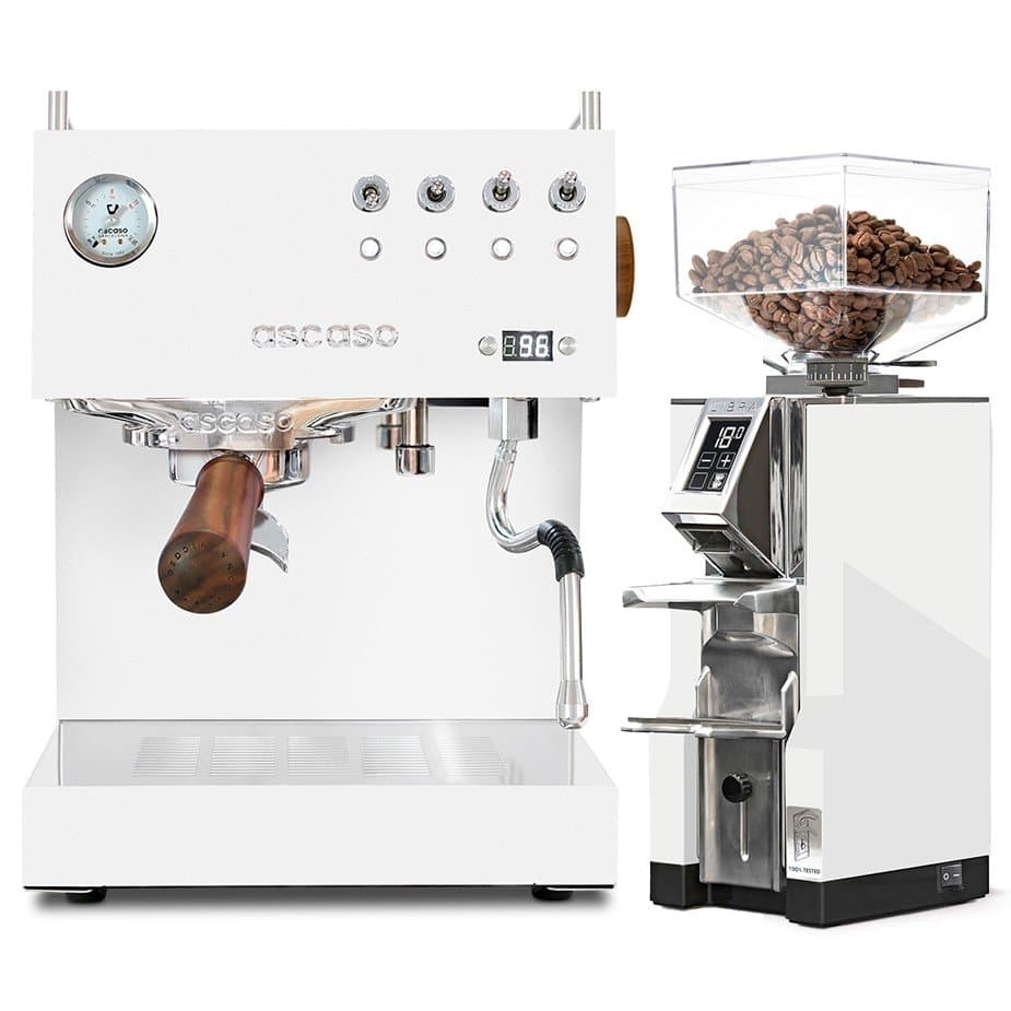 Ascaso Steel Duo PID vit espressomaskin inklusive Eureka Mignon Libra krom/vit espressokvarnar