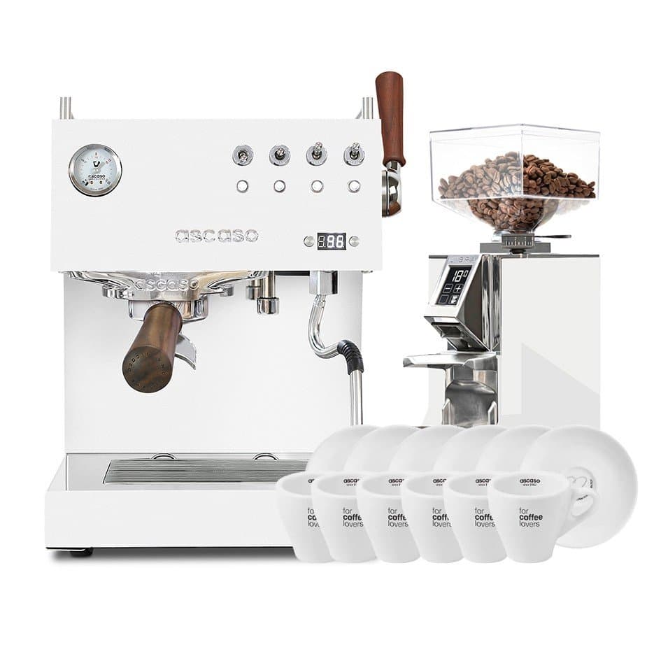 Ascaso Steel Duo Plus vit espressomaskin inklusive Eureka Mignon Libra krom/vit espressokvarn och cappuccinokoppar