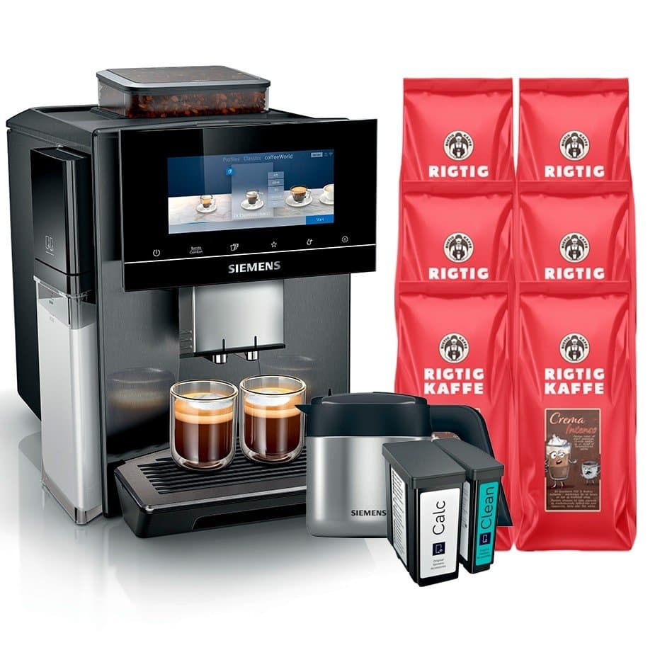 Siemens TQ905RZ5 EQ900 Plus inkl. Siemens termos, Multi Calc/ Clean TZ800Z3 & 6 kg Rigtig Kaffe Crema Intenso