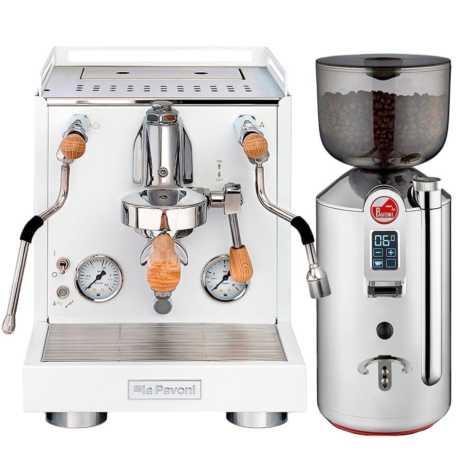 La Pavoni New Cellini Evolution White LPSCVW01NO Espressomaskin Inkl. La Pavoni Prosumer Chrome LPGGRI01EU Espressokvarn