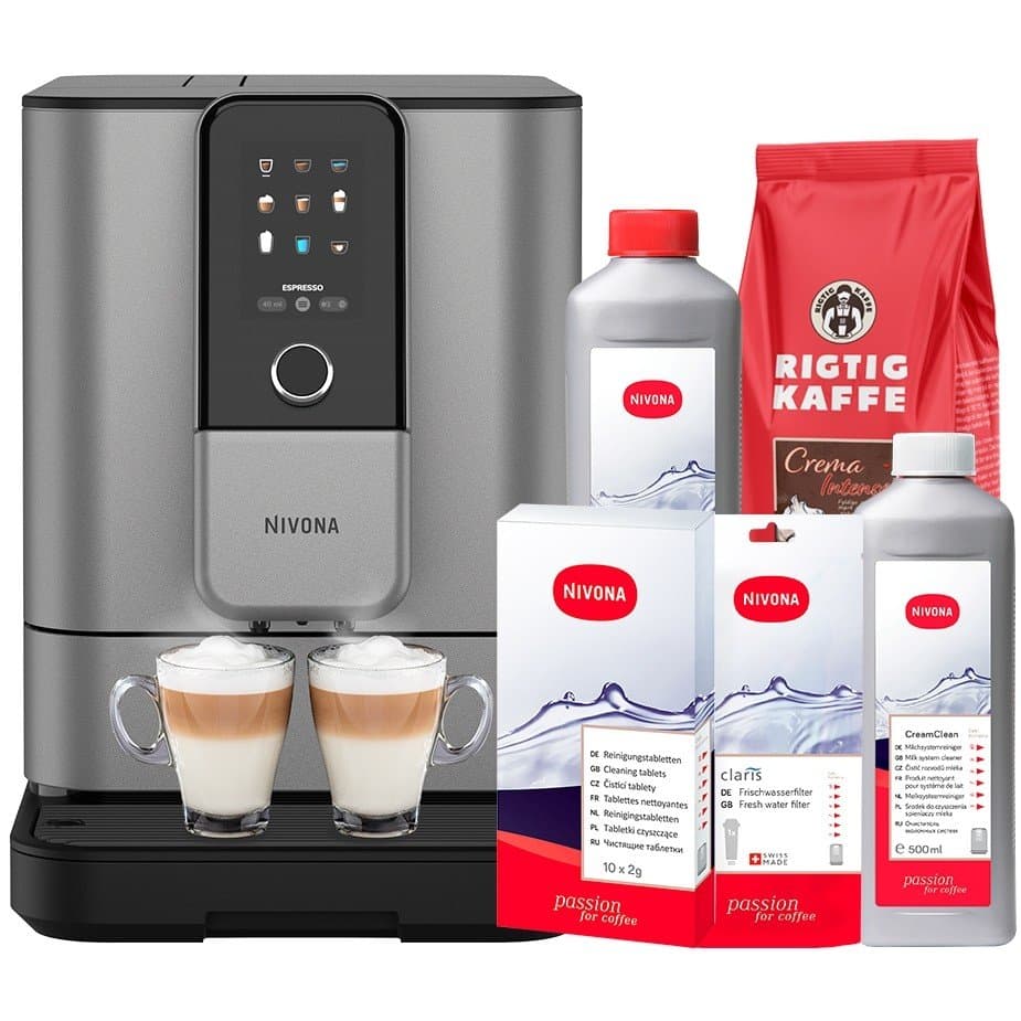 Nivona NIVO 8103 Titanium Espressomaskin Inklusive Avkalkningsfilter, Kalkfilter, Mjölkrenare, Rengöringstabletter & 1 kg Hela K