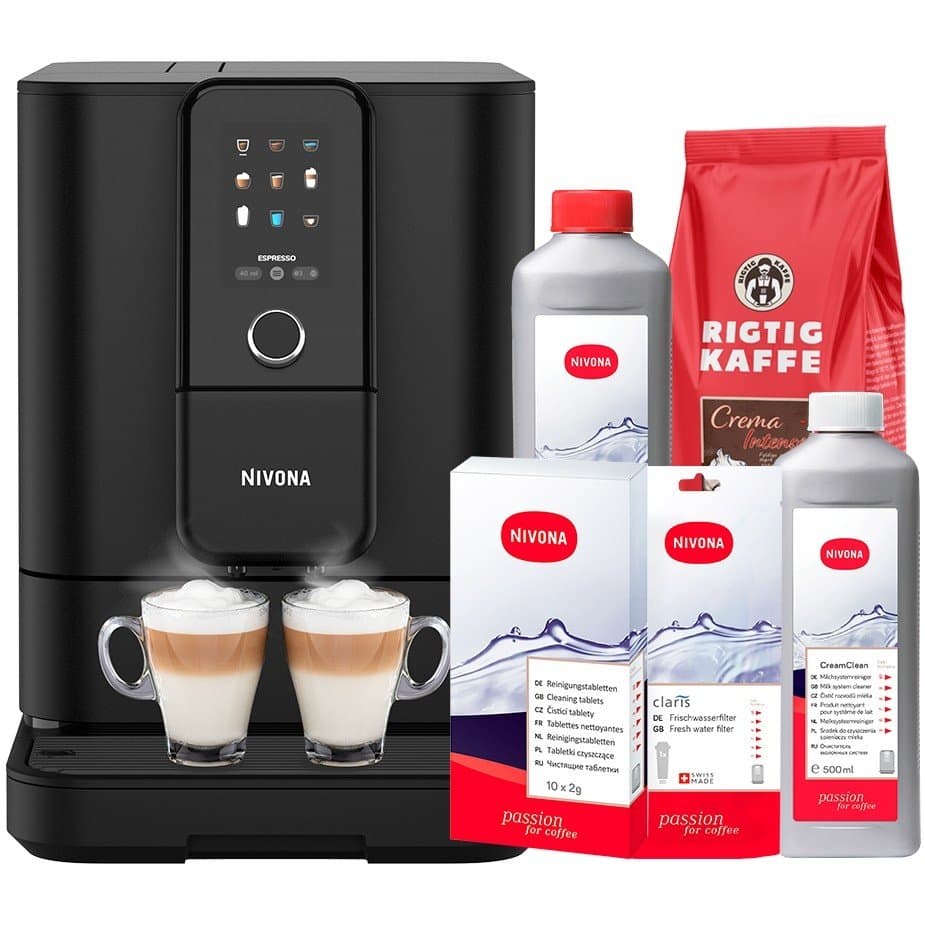 Nivona NIVO 8101 svart espressomaskin inklusive avkalkning, kalkfilter, mjölkrenare, rengöringstabletter och 1 kg hela kaffeböno