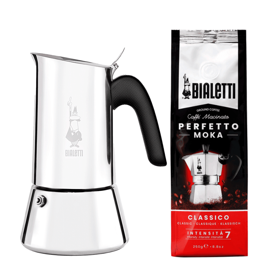 Bialetti New Venus 6 Cup. Espressokanna Stål Inkl. Bialetti Perfetto Moka Classico malet kaffe 250g