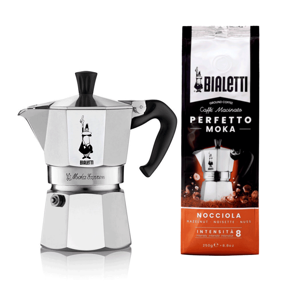 Bialetti Moka Express 4 Cup. Espressokanna inkl. Bialetti Perfetto Moka Nocciola 250g malet kaffe
