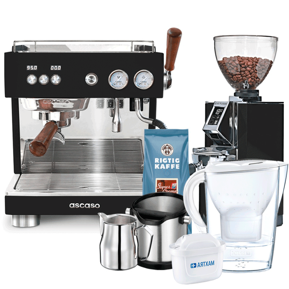 Ascaso Baby T Plus svart espressomaskin inklusive Eureka Mignon Libra 65 espressokvarn, baristautrustning, vattenfilterkanna och