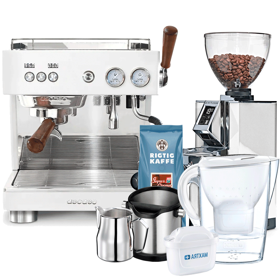 Ascaso Baby T Plus vit espressomaskin inklusive Eureka Mignon Libra 65 espressokvarn, baristautrustning, vattenfilterkanna och 1
