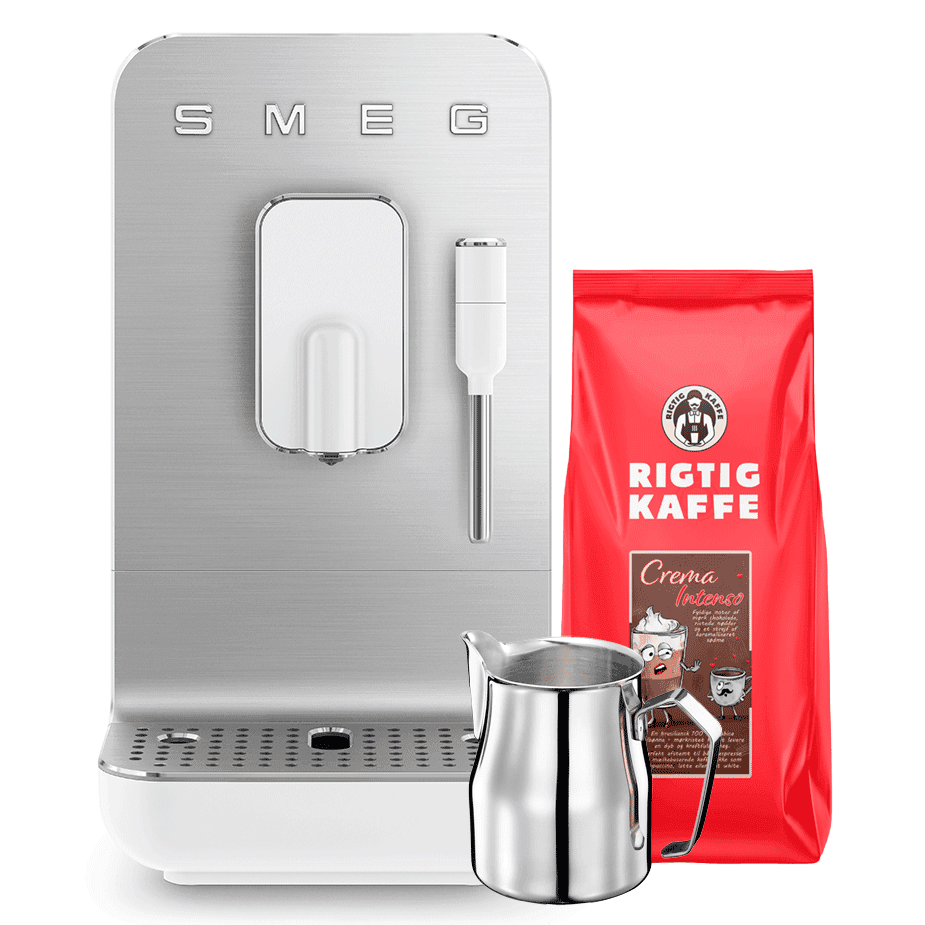 Smeg BCC12WHMEU Espressomaskin Vit Inkl. Mjölkkanna 0,35L & Rigtig Kaffe Crema Intenso 1kg Hela Kaffebönor