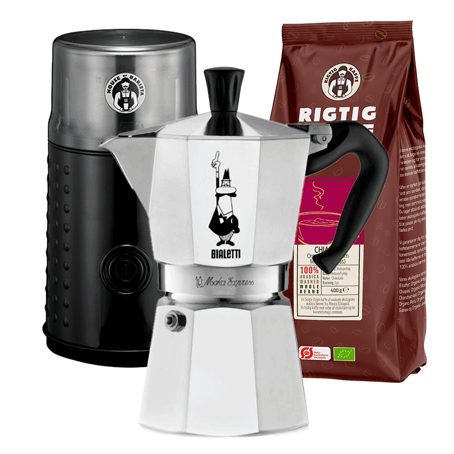 Bialetti Moka Express 6-koppars espressokanna i aluminium inkl. elektrisk kaffekvarn och Rigtig Kaffe ekologiska Peru 400 g hela