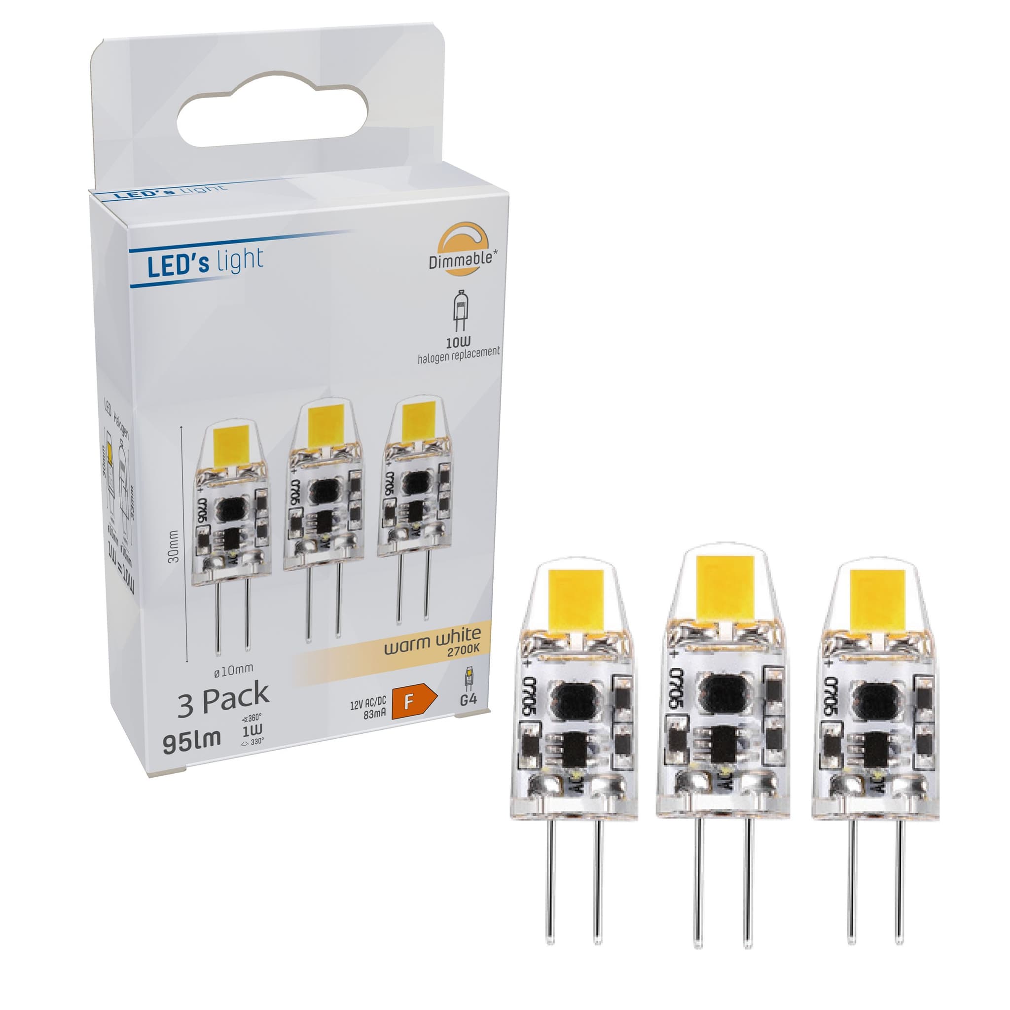 Capsule LED G4 pære 1W i 2700K Til 12V, Dæmpbar - 3-pak