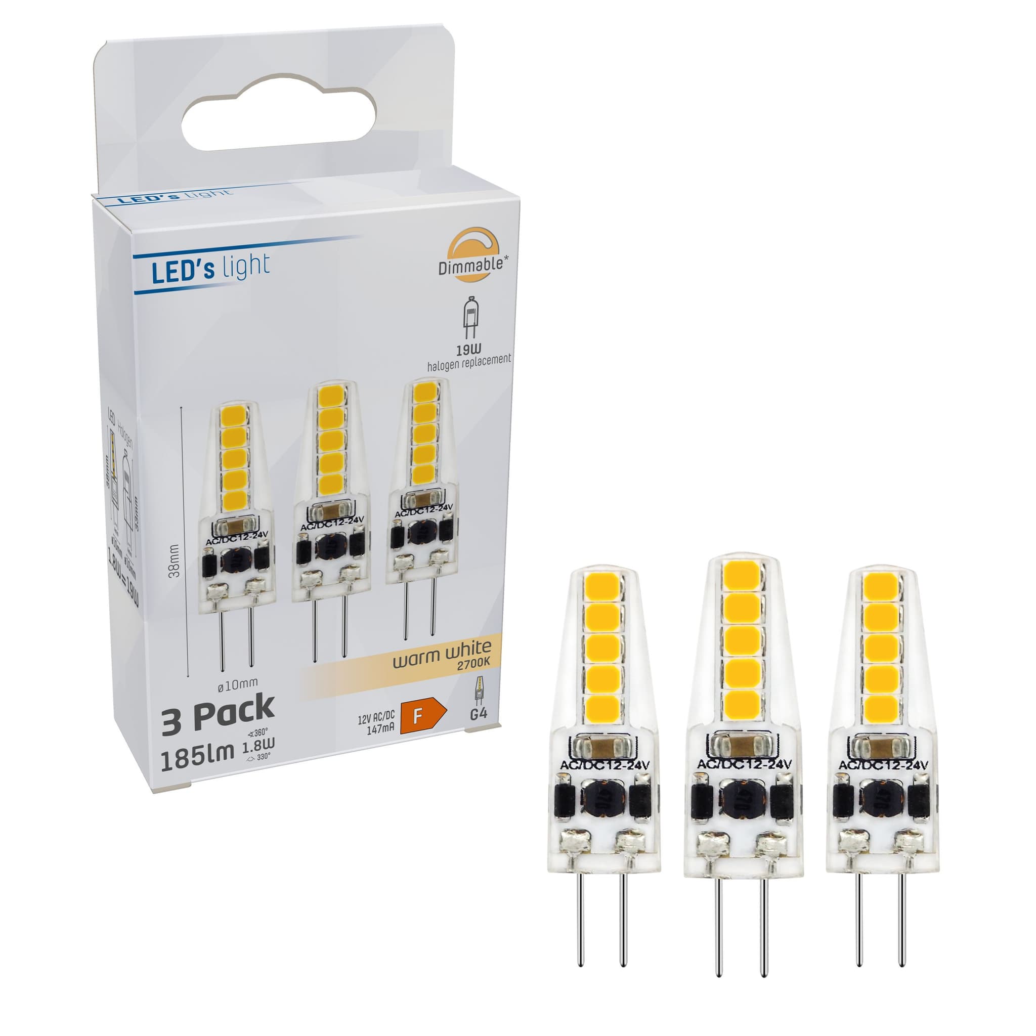 Capsule LED G4 pære 1,8W i 2700K Til 12V, Dæmpbar - 3-pak
