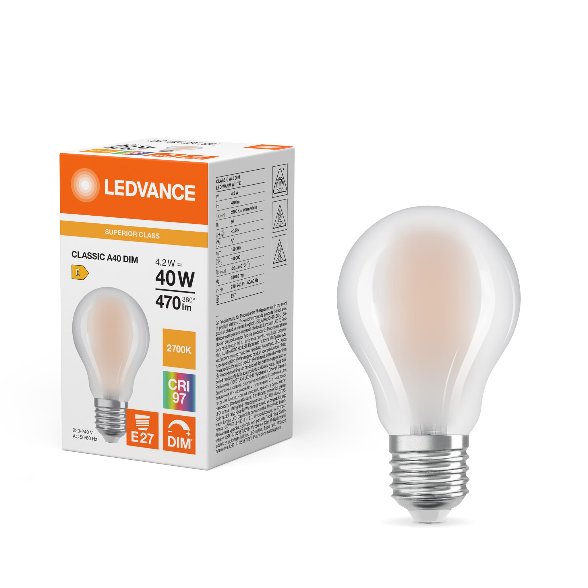 LEDVANCE dæmpbar mat E27 LED pære, 4,2W Ra97 i 2700K