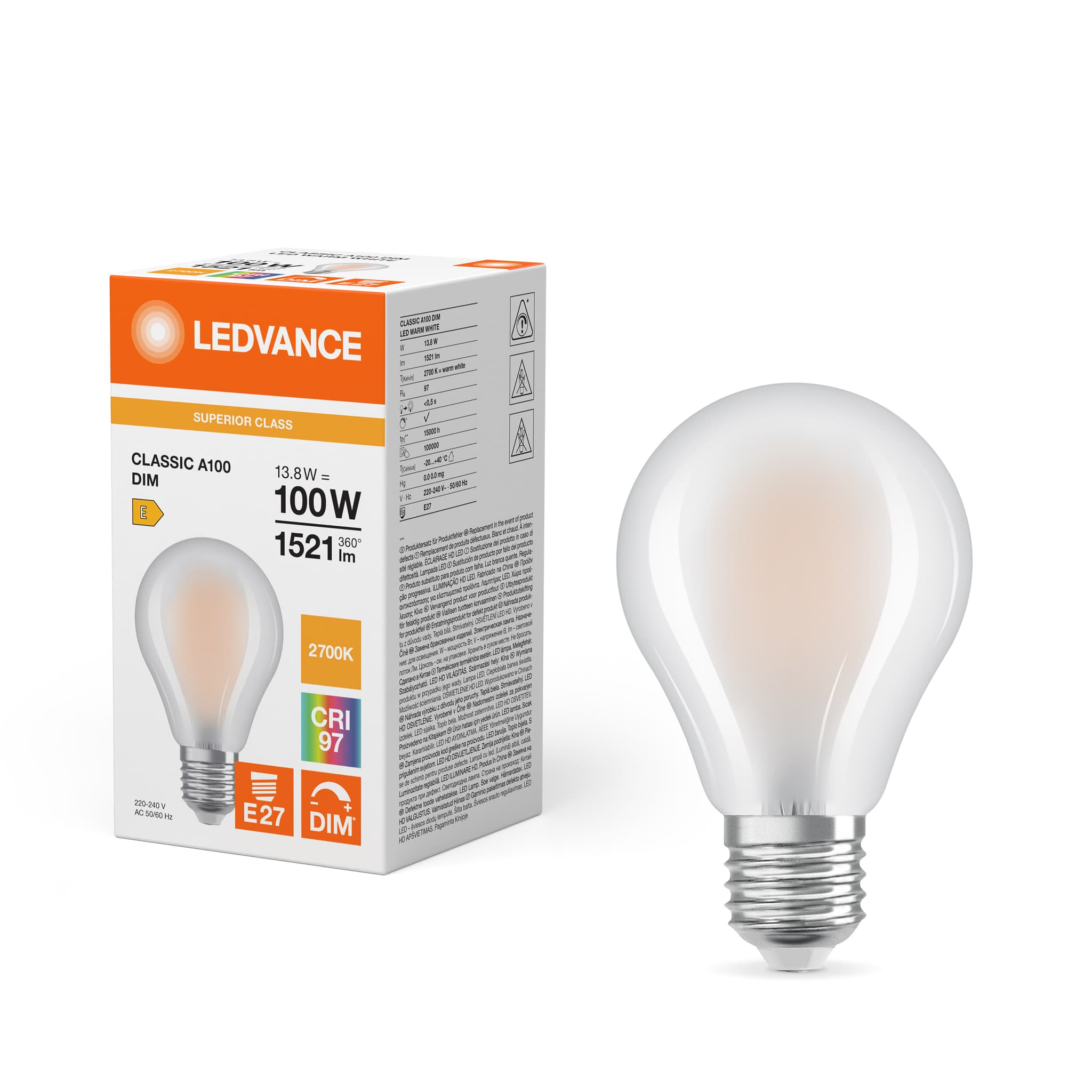 LEDVANCE dæmpbar E27 LED pære 13,8W med Ra97 lysfarve 2700K