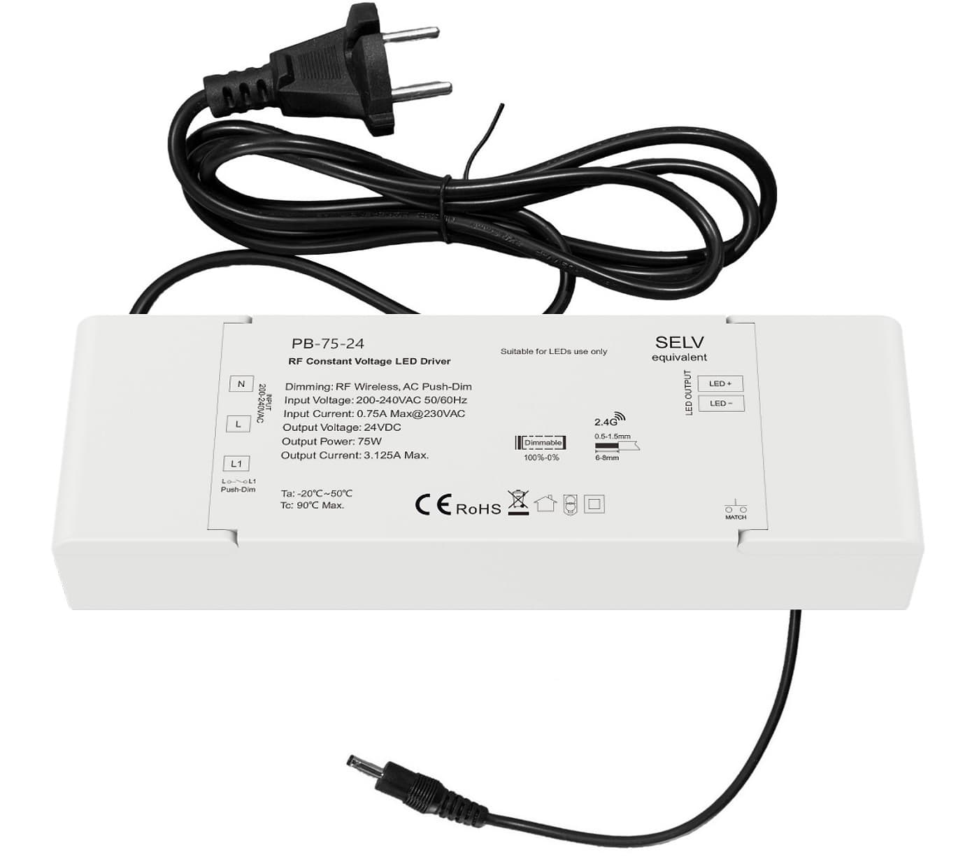 Dæmpbar LED Driver 24V, 75W (2.4GHz Trådløs + PUSH Dæmp)