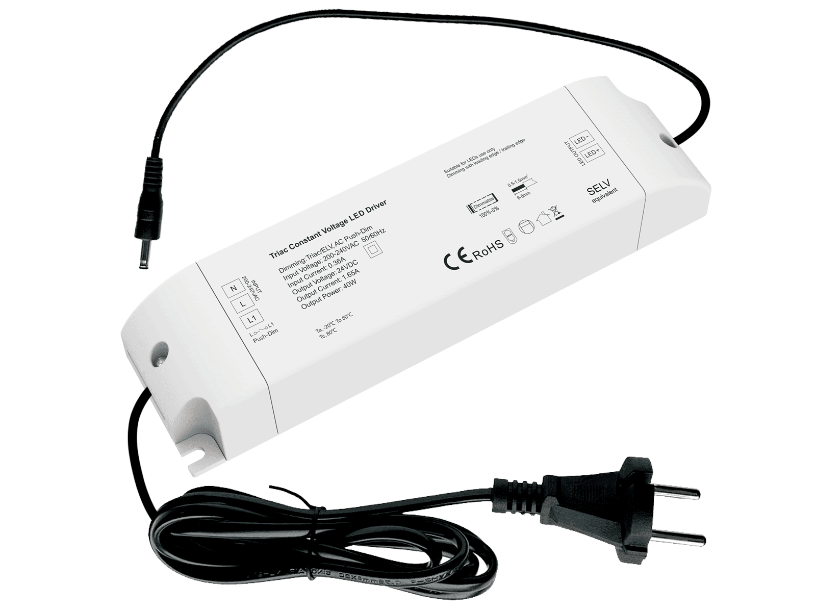 Dæmpbar LED Driver 24V, 40W (Triac/PUSH Dæmp)