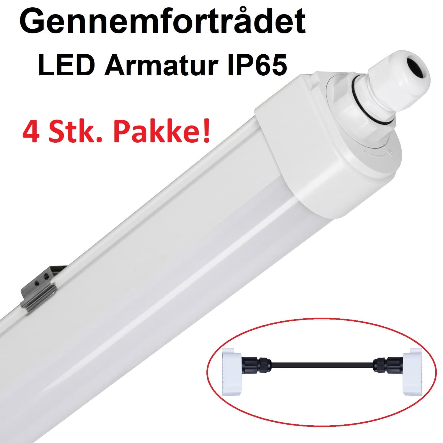 4 x Gennemfortrådet LED Armatur 36W i 4000K, IP65, 230V - 120cm