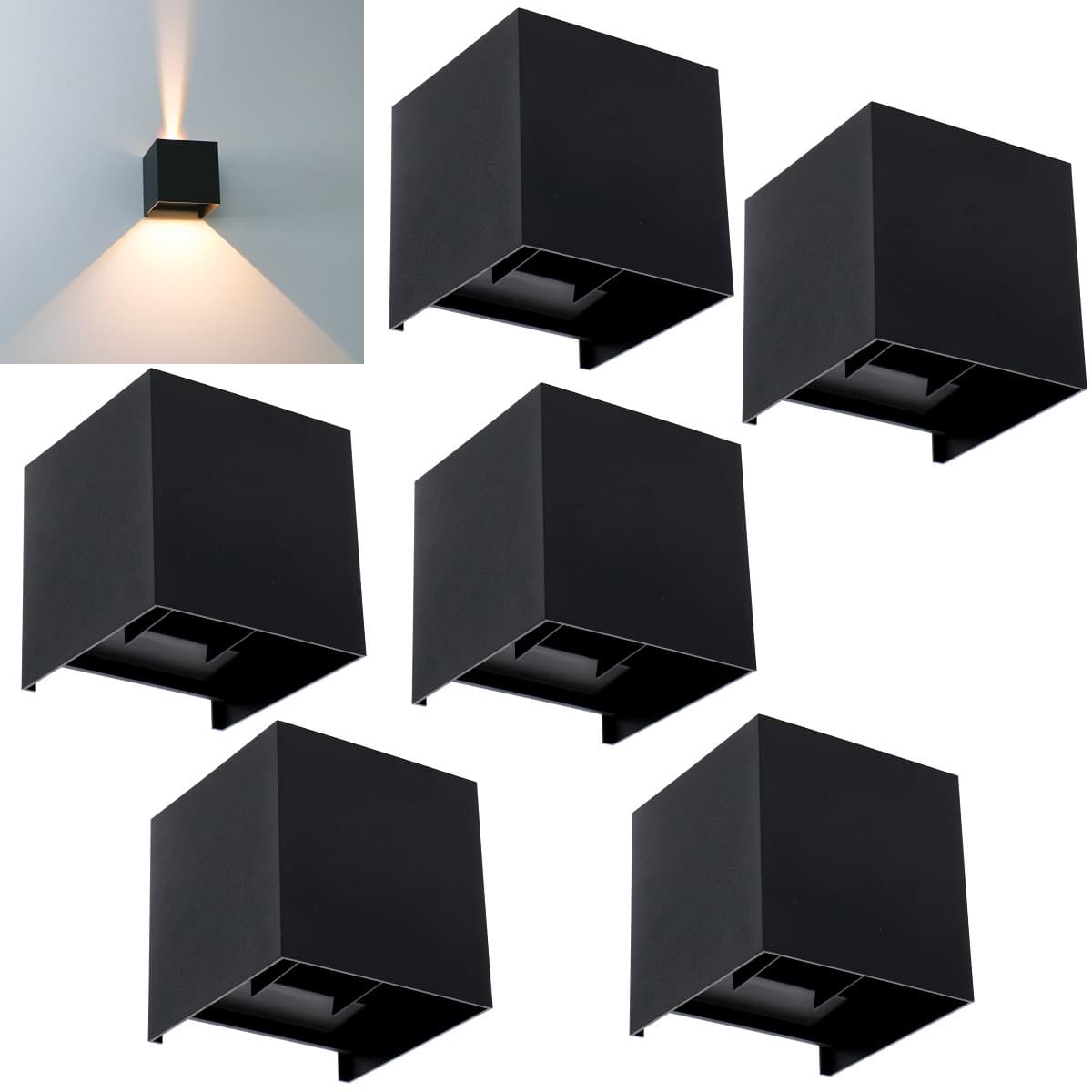 6 x Amarillo CUBE LED Udendørs Væglampe 5,5W Up/Down i 2700K - Sort