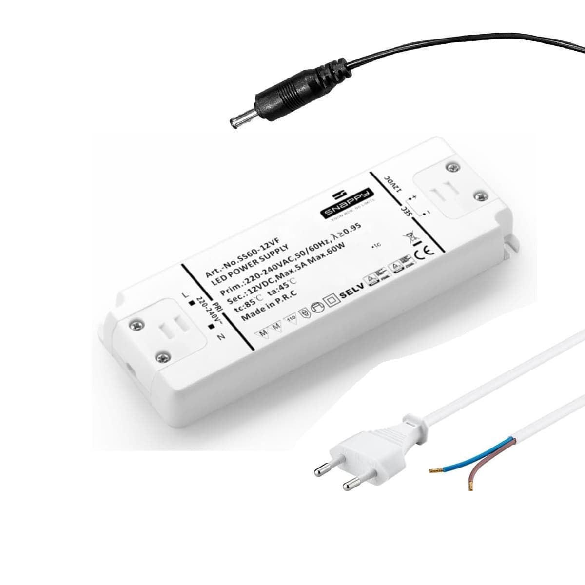 Snappy LED Driver 60W Til 24V (Med Stikprop & DC Stik)