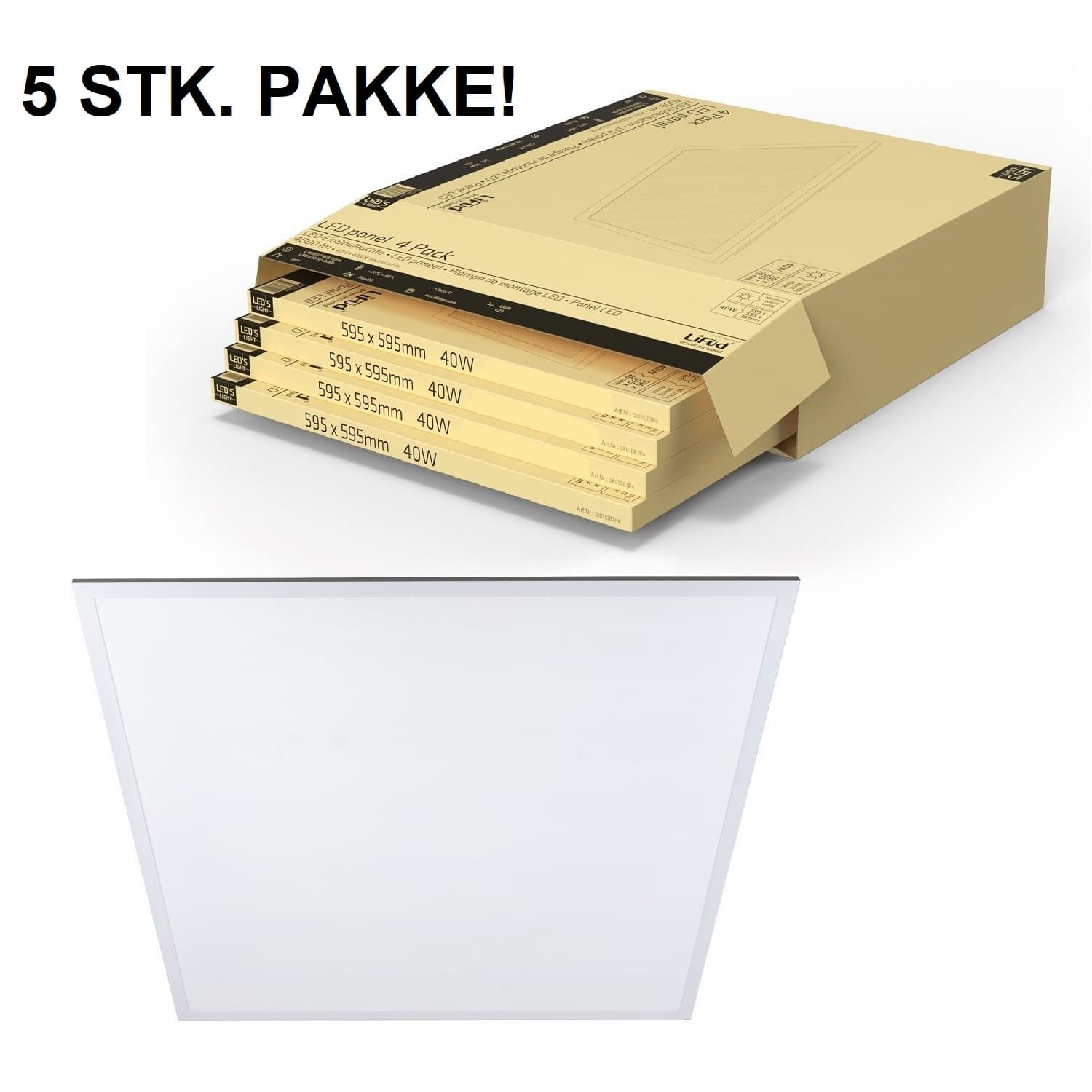 5 x PRIME LED Panel 60x60 På 40W i 4000K, 4800LM - Hvid