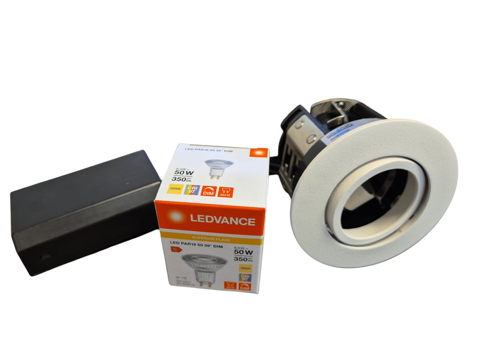 Lyra GU10 Spot 230V + LEDVANCE LED i 3000K, Dim, Ra97 - Hvid