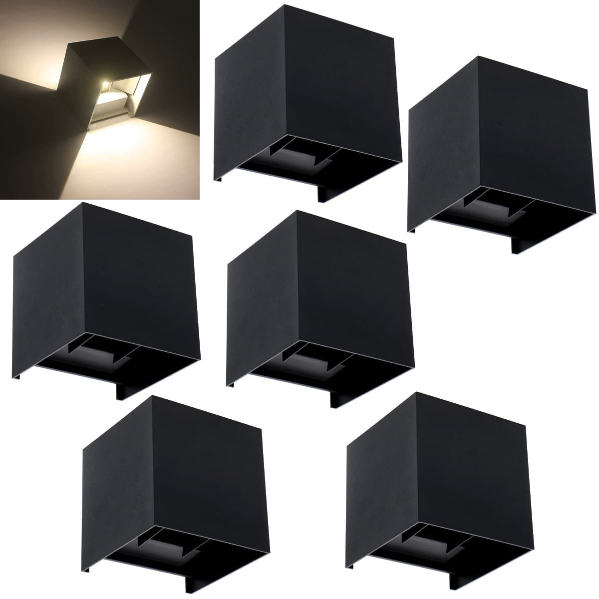 6 x CUBE LED Udendørs Væglampe 6W Up/Down i 4000K, IP65 - Sort