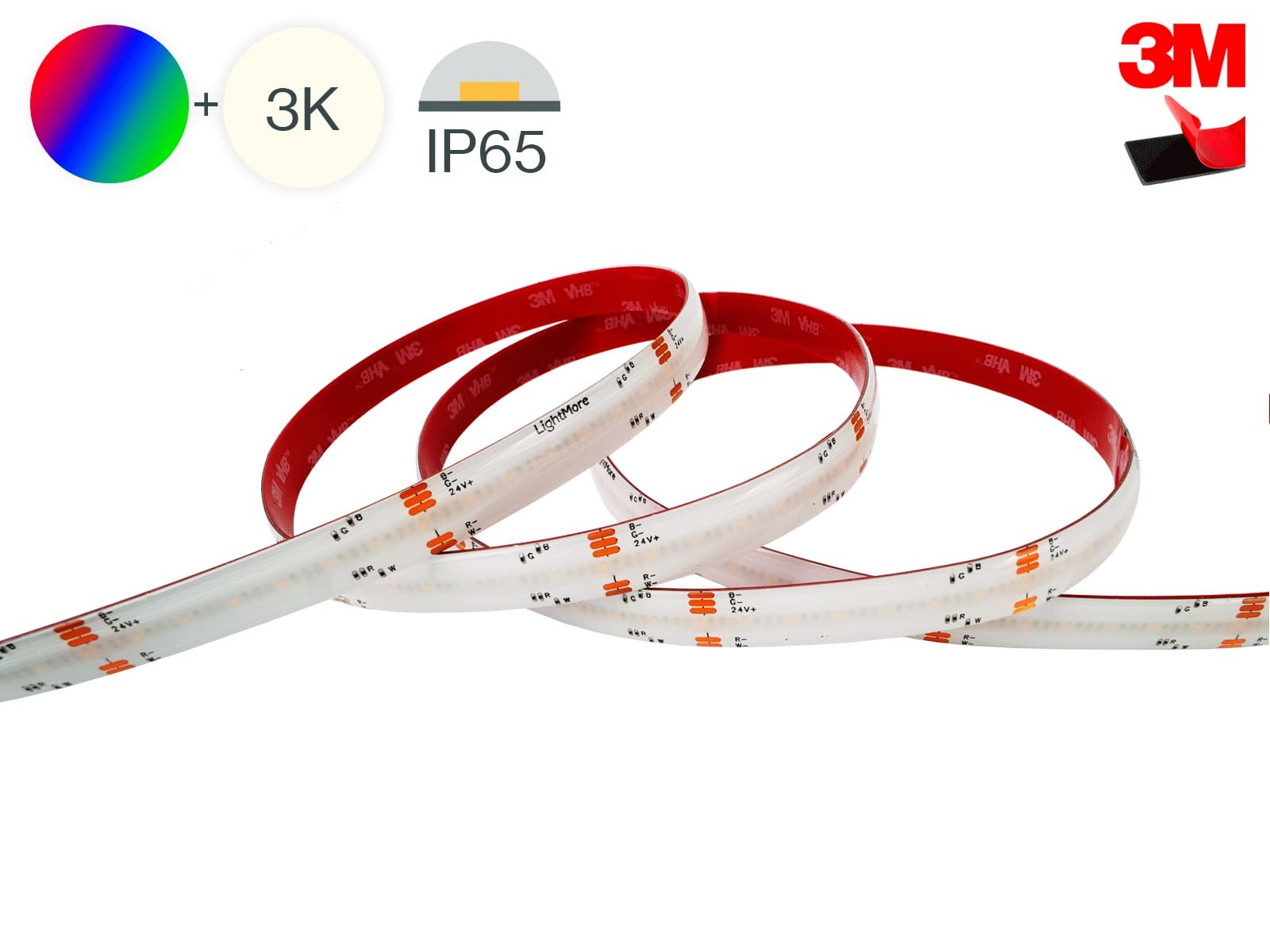 LightMore RGBW COB LED Strip 24V, 16W/m, IP65, Ra90 - 5 Meter