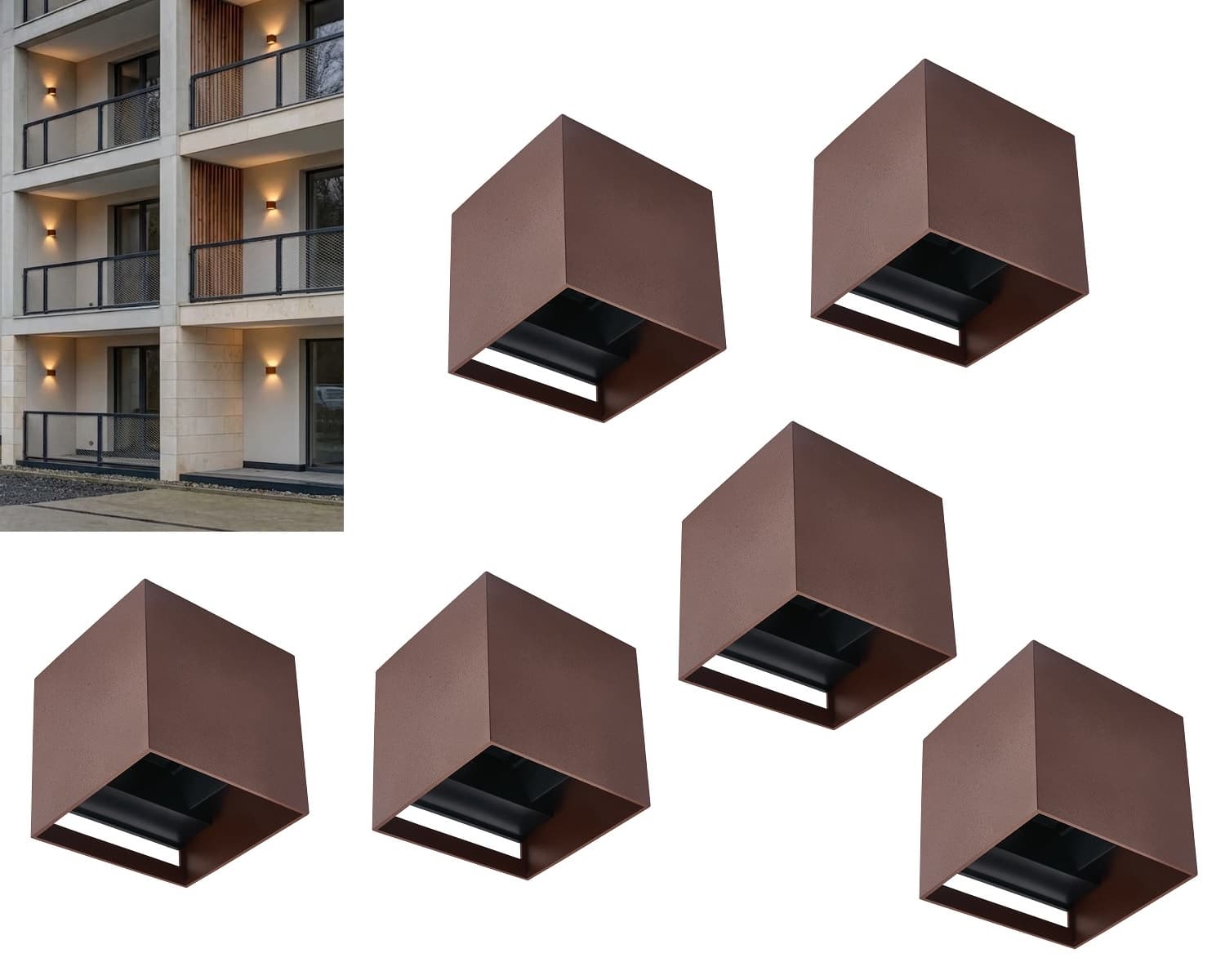 6 x NEW CUBE LED Udendørs Væglampe 6W Up/Down i 3000K, IP65 - Corten