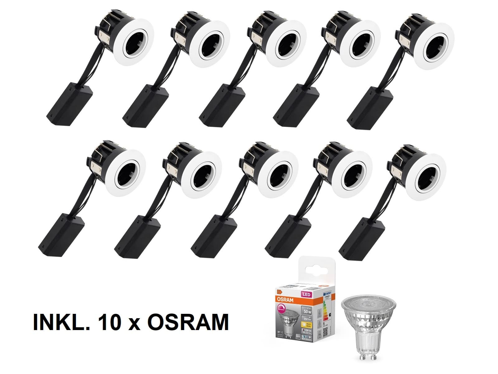 10 x Lyra Indbygningsspot 230V i Hvid + LED i 2700K Dæmpbar Ra90