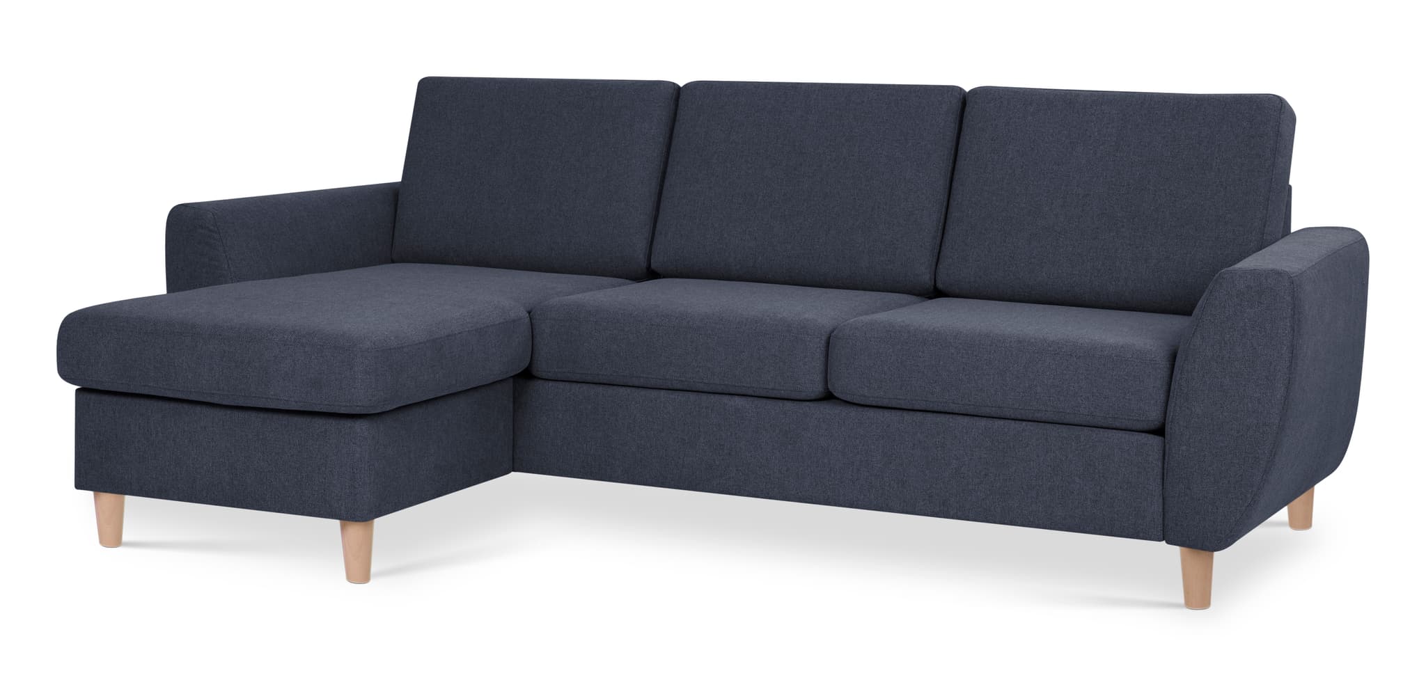 Wendy set 1 3D-soffa, med schäslong - blått polyestertyg och naturligt trä