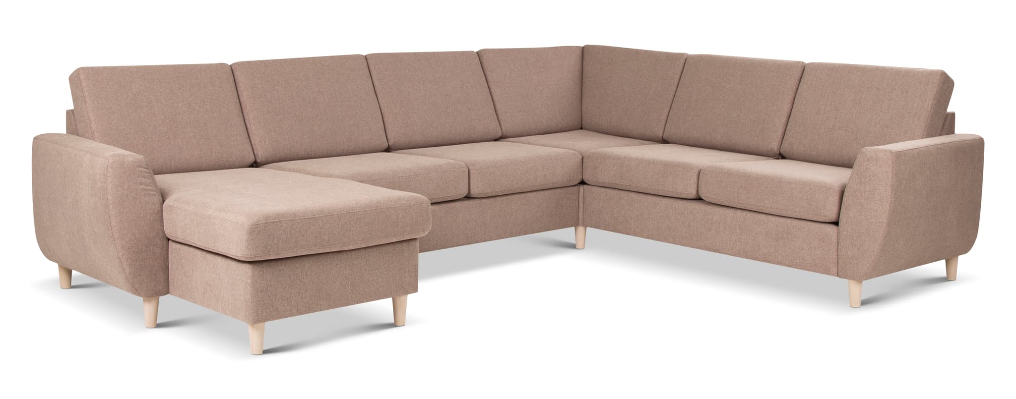Wendy set 6 U 2C3D soffa, med schäslong - antilop beige polyestertyg och naturligt trä