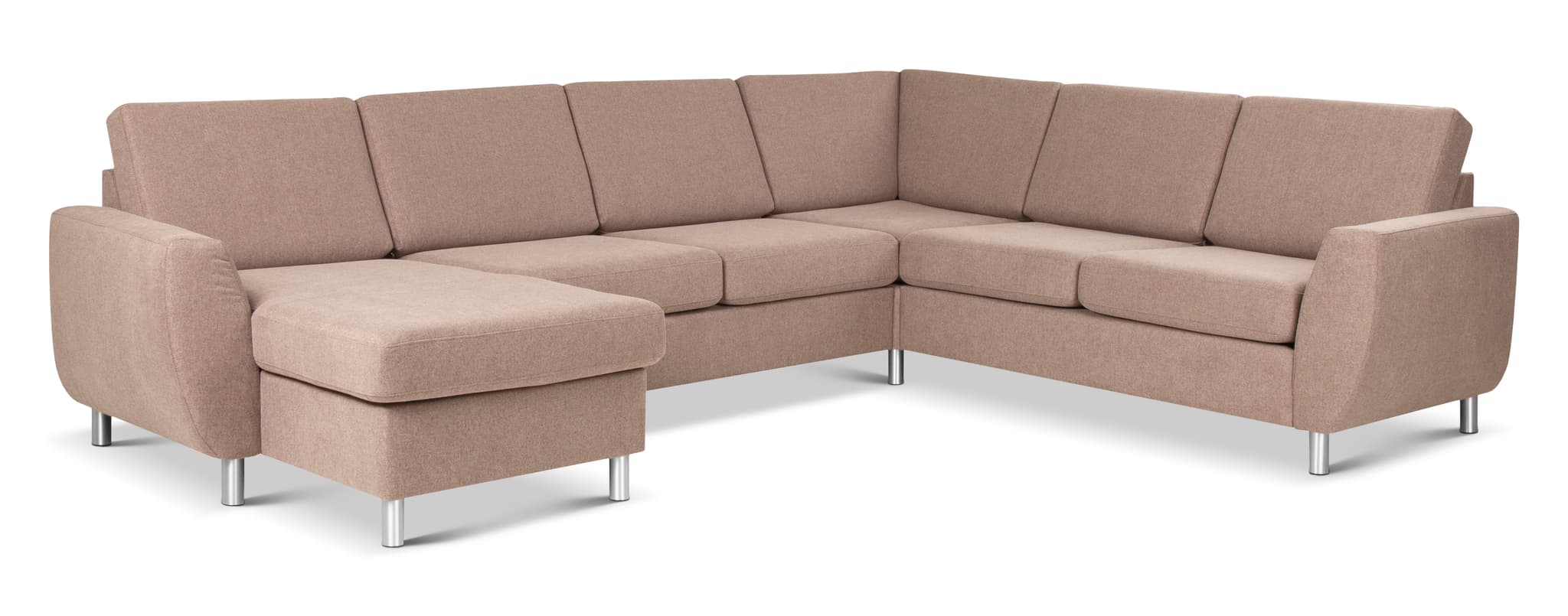 Wendy set 6 U 2C3D soffa, m. schäslong - antilop beige polyestertyg och borstad aluminium