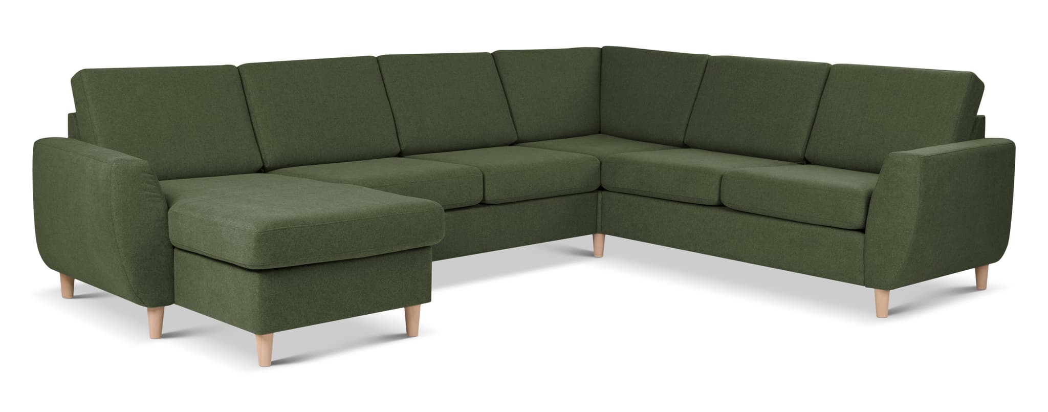 Wendy set 6 U 2C3D soffa, m. schäslong - vinter mossgrönt polyestertyg och naturligt trä