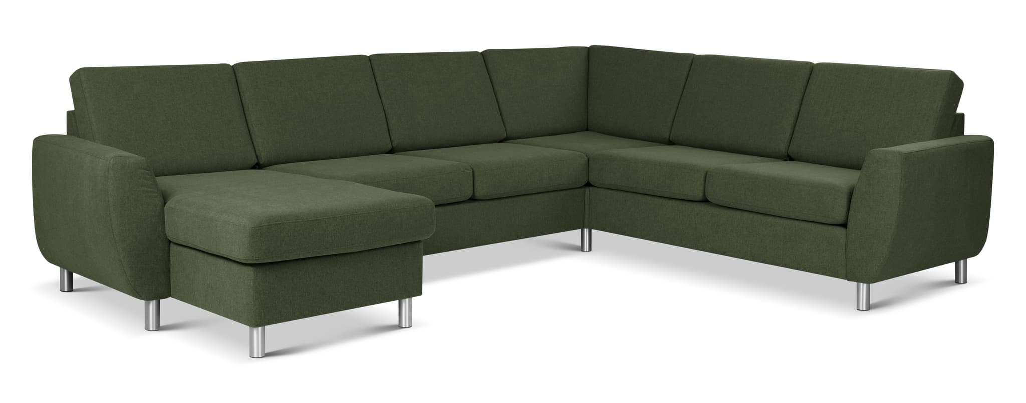 Wendy set 6 U 2C3D soffa, m. schäslong - vinter mossgrönt polyestertyg och borstad aluminium