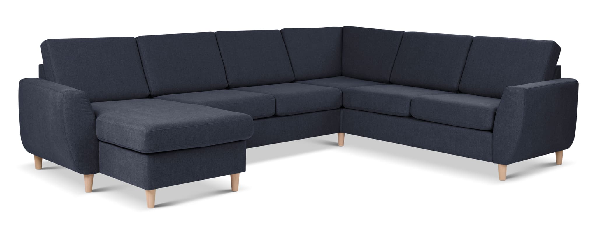 Wendy set 6 U 2C3D soffa, med schäslong - blått polyestertyg och naturligt trä