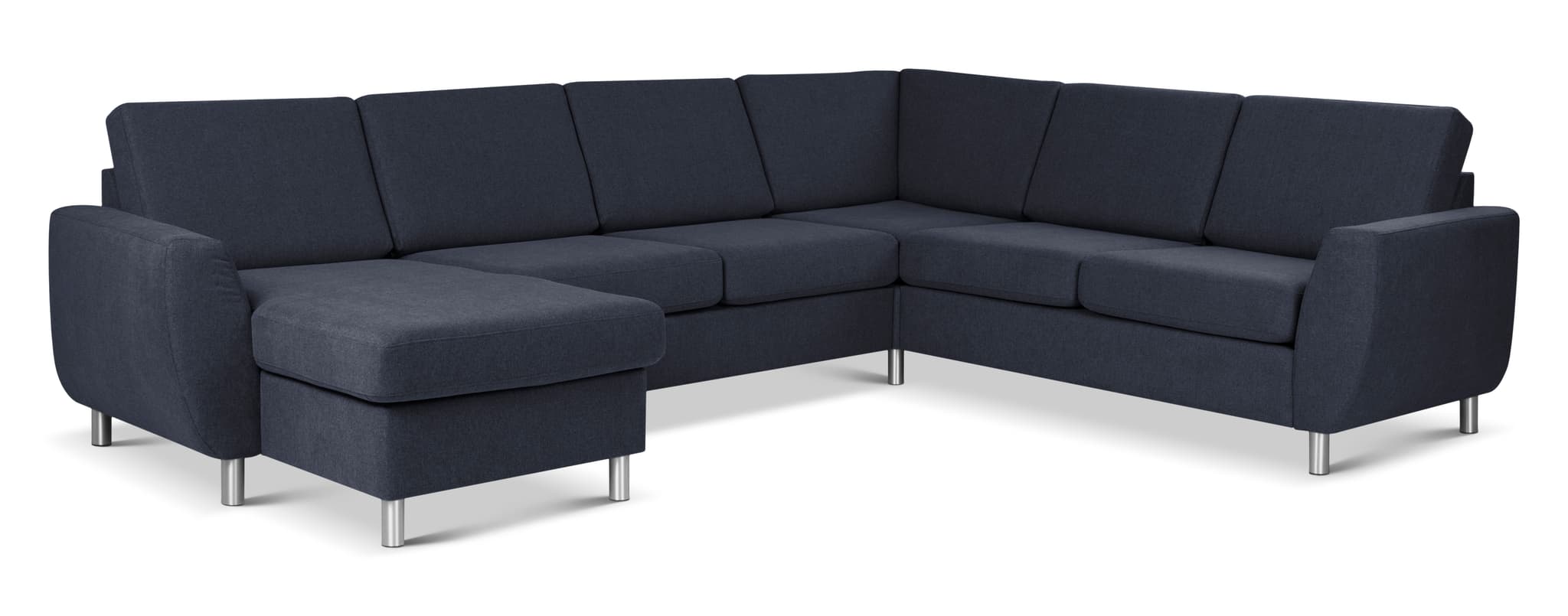 Wendy set 6 U 2C3D soffa, m. schäslong - blått polyestertyg och borstad aluminium