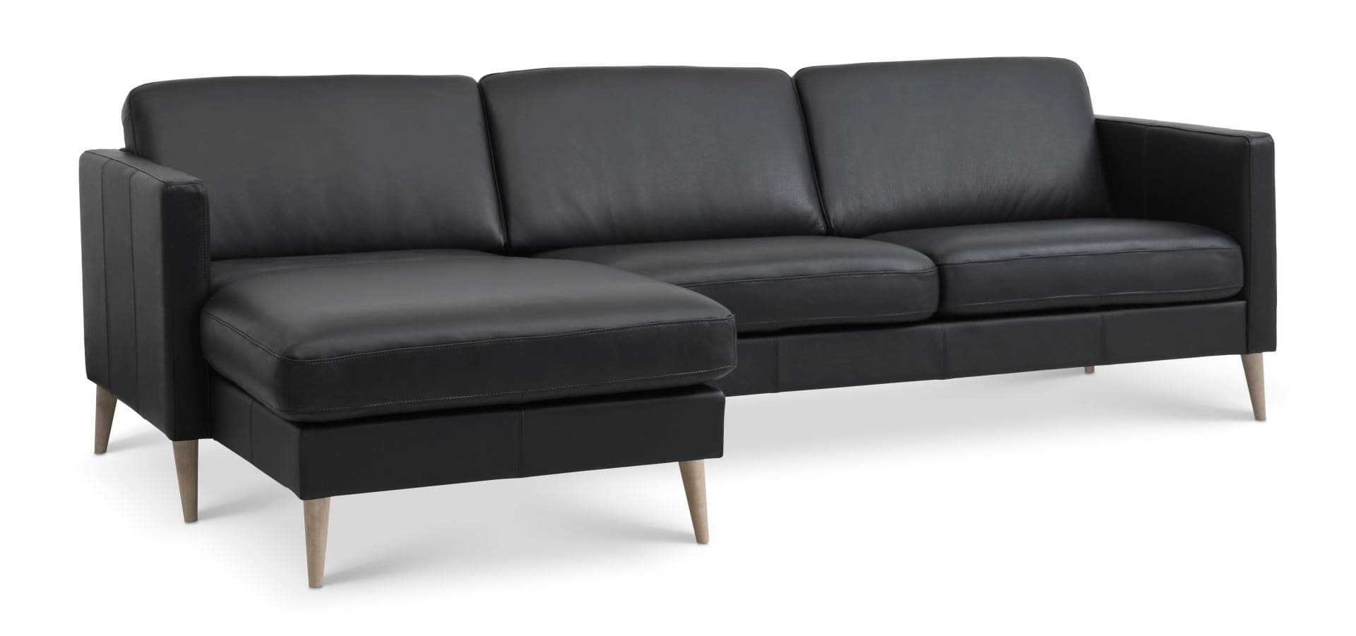 Askset 51 3D-soffa, med schäslong - svart semianilinläder och naturligt trä.