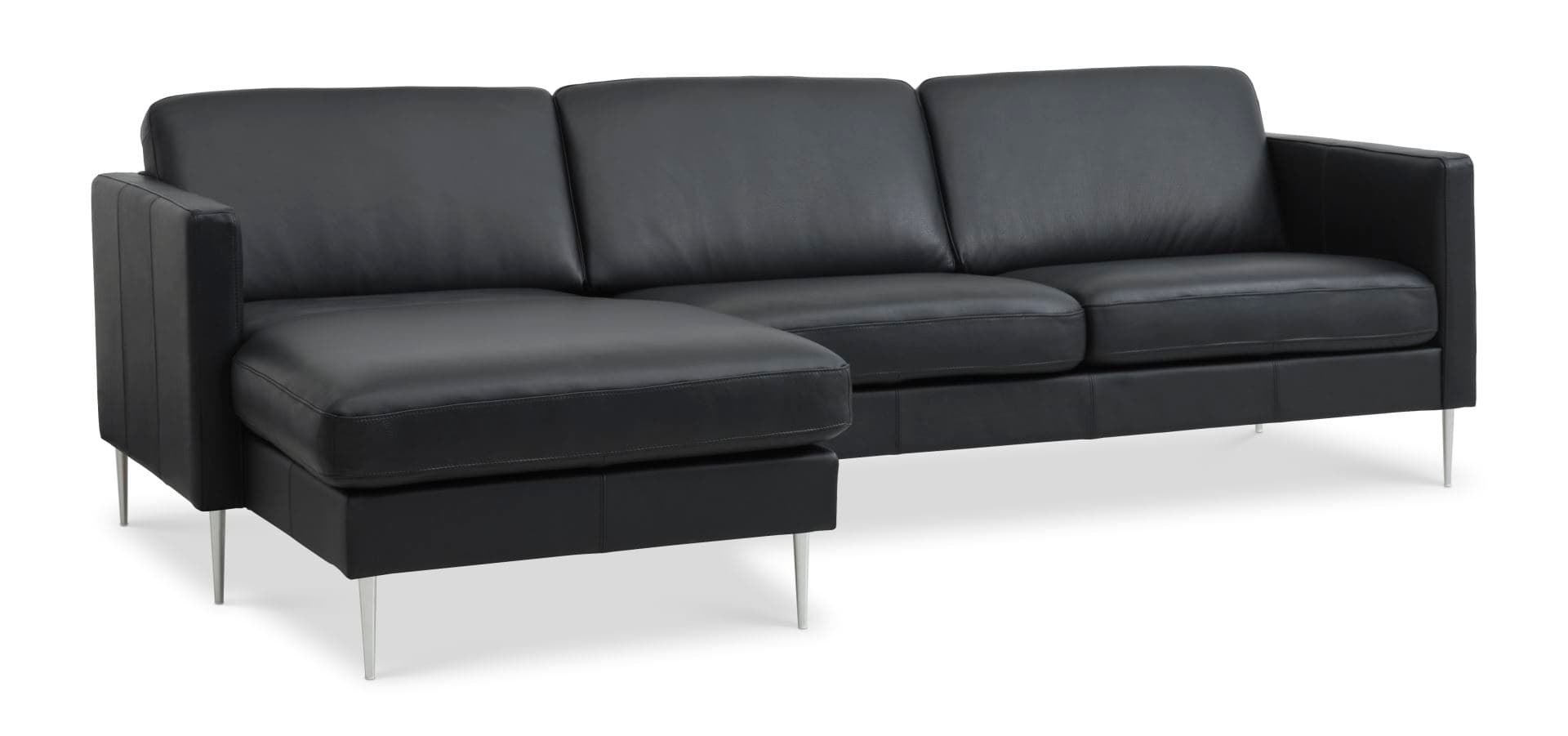 Askset 51 3D-soffa, med schäslong - svart semianilinläder och borstad aluminium