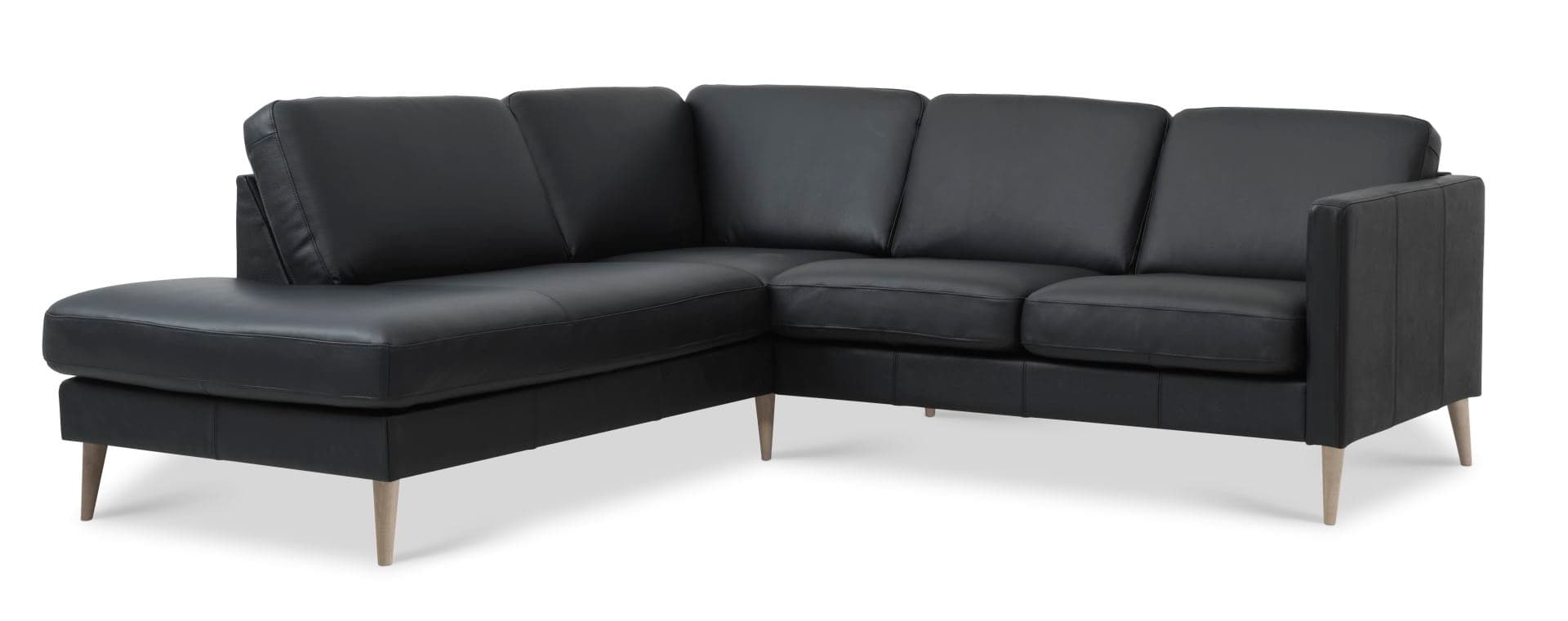 Askset 52 liten OE-soffa, med vänster schäslong - svart semianilinläder och naturligt trä