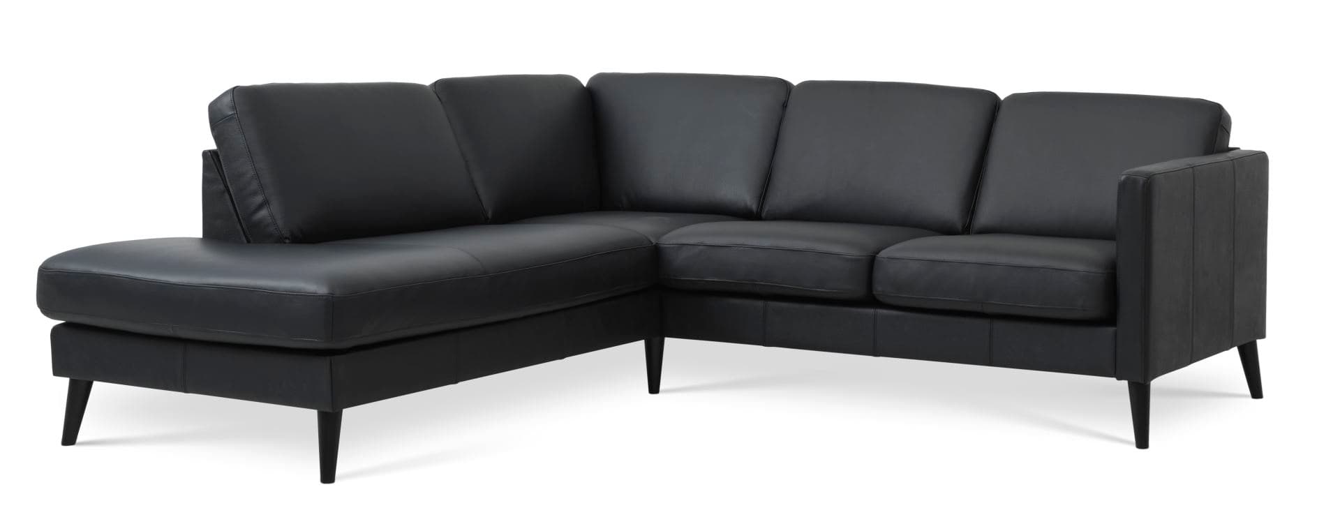 Askset 52 liten OE-soffa, med vänster schäslong - svart semianilinläder och svart trä