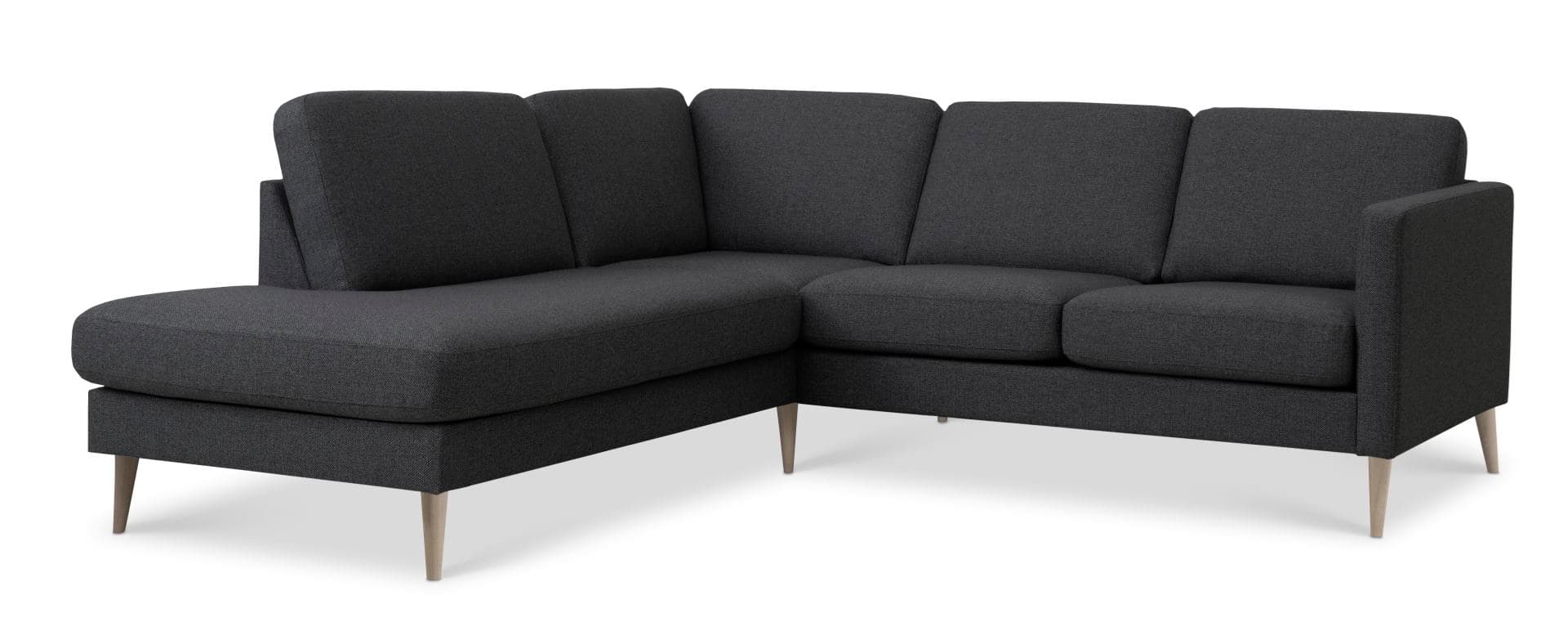 Askset 52 liten OE-soffa, med vänster schäslong - antracitgrå polyestertyg och naturligt trä