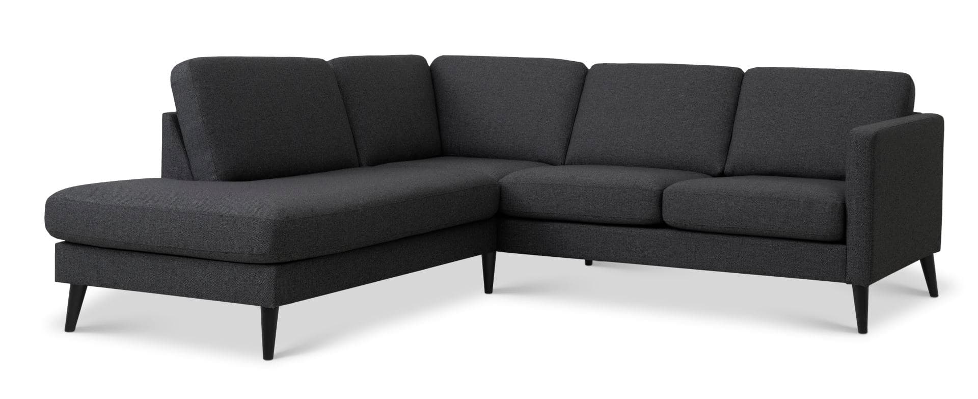 Askset 52 liten OE-soffa, med vänster schäslong - antracitgrå polyestertyg och svart trä