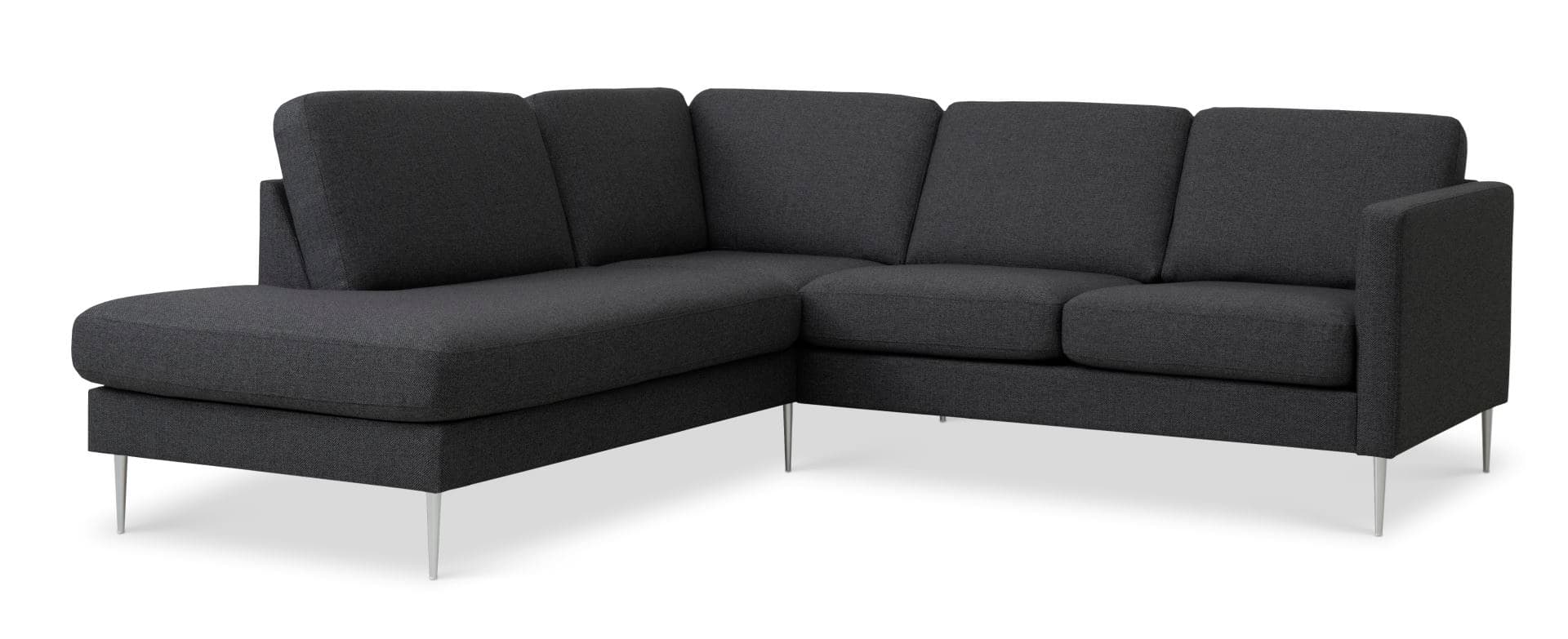 Askset 52 liten OE-soffa, med vänster schäslong - antracitgrå polyestertyg och borstad aluminium