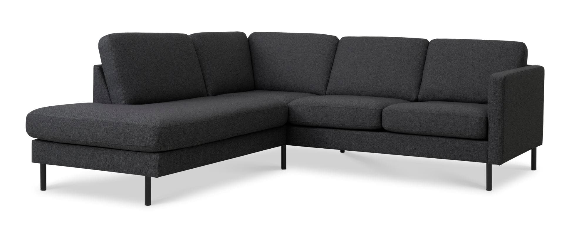 Askset 52 liten OE-soffa, med vänster schäslong - antracitgrå polyestertyg och svart metall