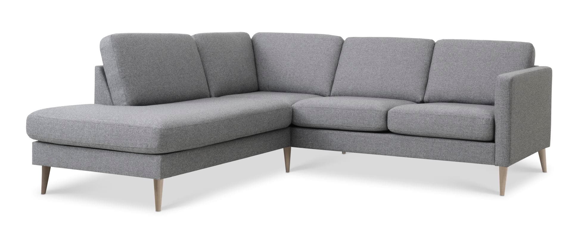 Askset 52 liten OE-soffa, med vänster schäslong - ljus granitgrå polyestertyg och naturligt trä