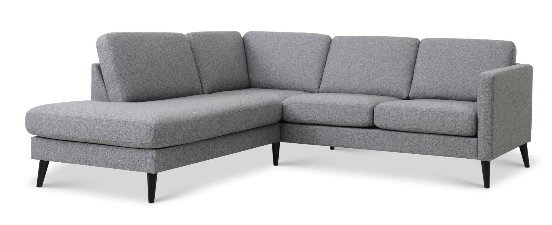 Askset 52 liten OE-soffa, med vänster schäslong - ljus granitgrå polyestertyg och svart trä