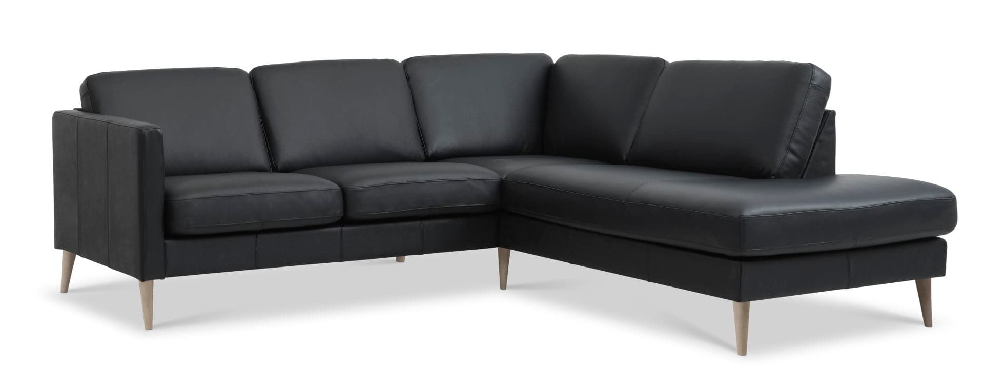 Askset 53 liten OE-soffa, med höger schäslong - svart semianilinläder och naturligt trä