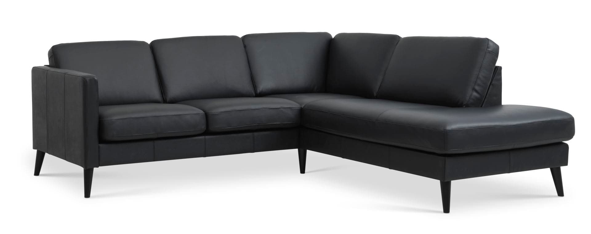 Askset 53 liten OE-soffa, med höger schäslong - svart semianilinläder och svart trä