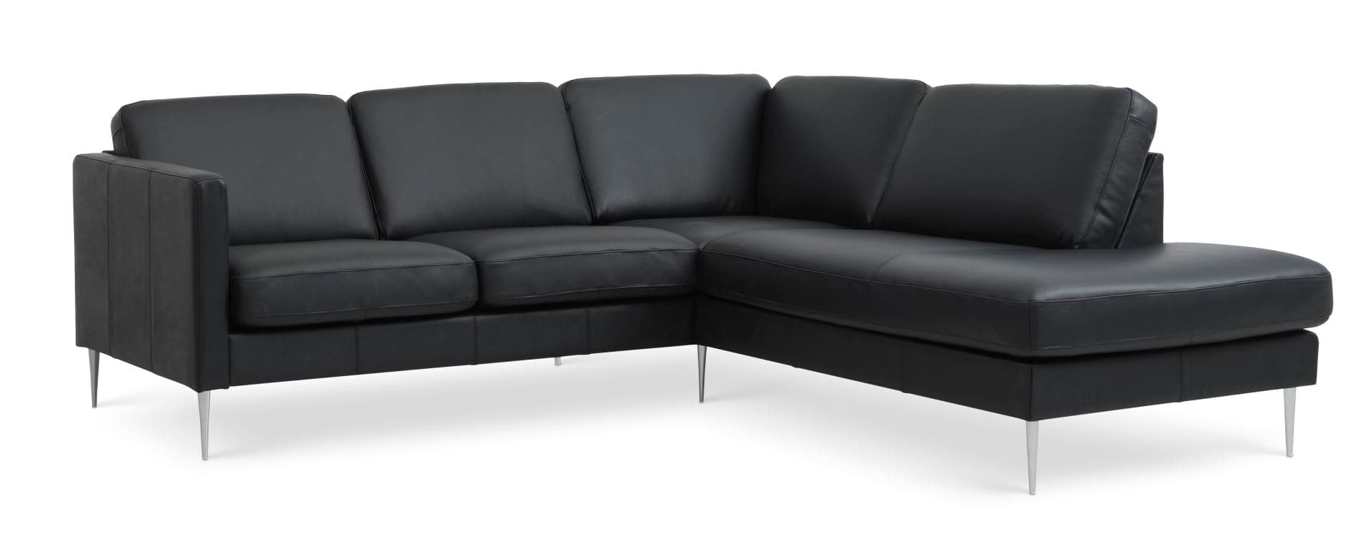Askset 53 liten OE-soffa, med höger schäslong - svart semianilinläder och borstad aluminium