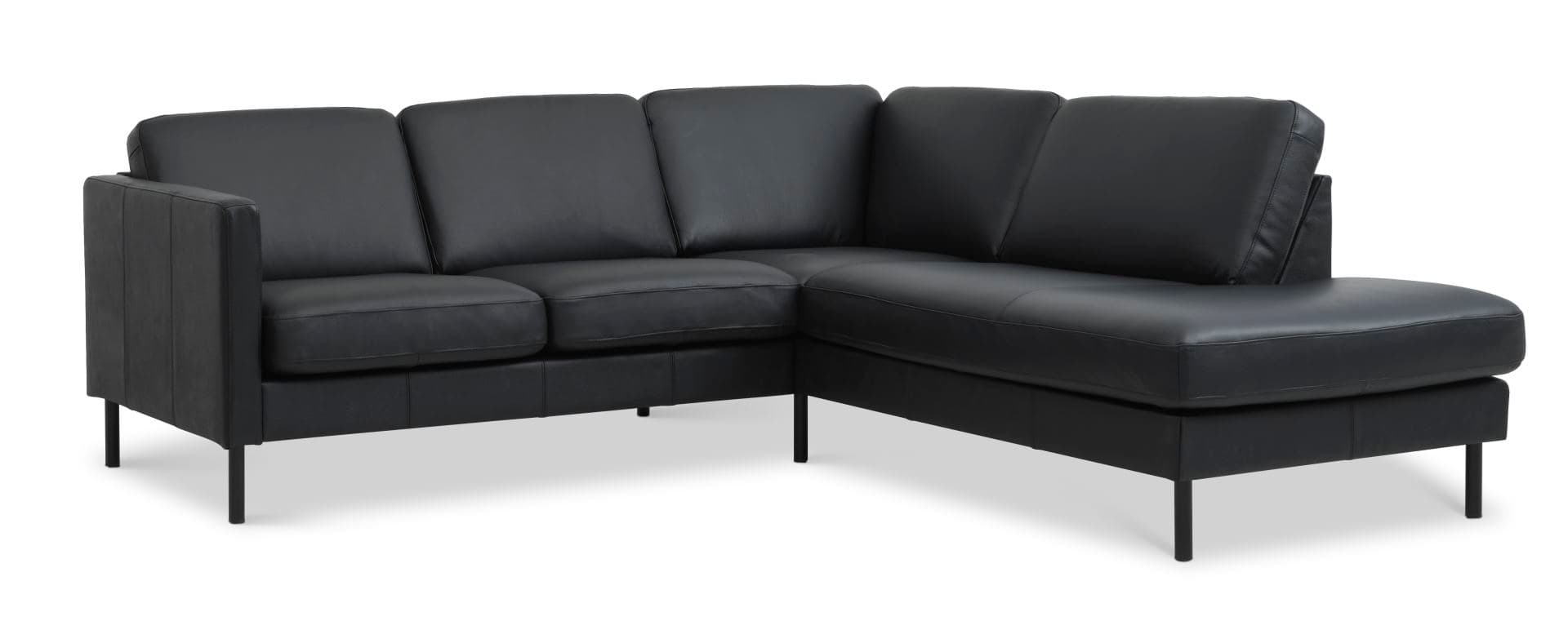 Askset 53 liten OE-soffa, med höger schäslong - svart semianilinläder och svart metall