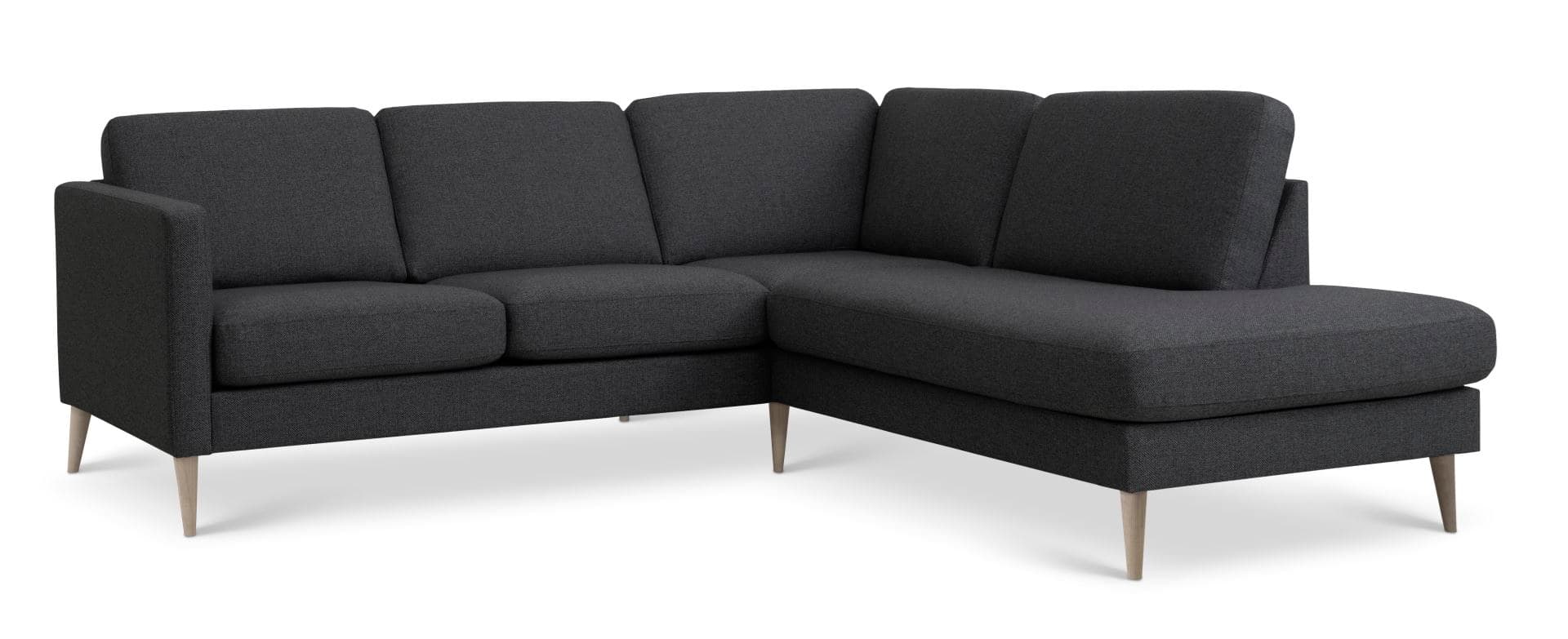 Askset 53 liten OE-soffa, med höger schäslong - antracitgrå polyestertyg och naturligt trä