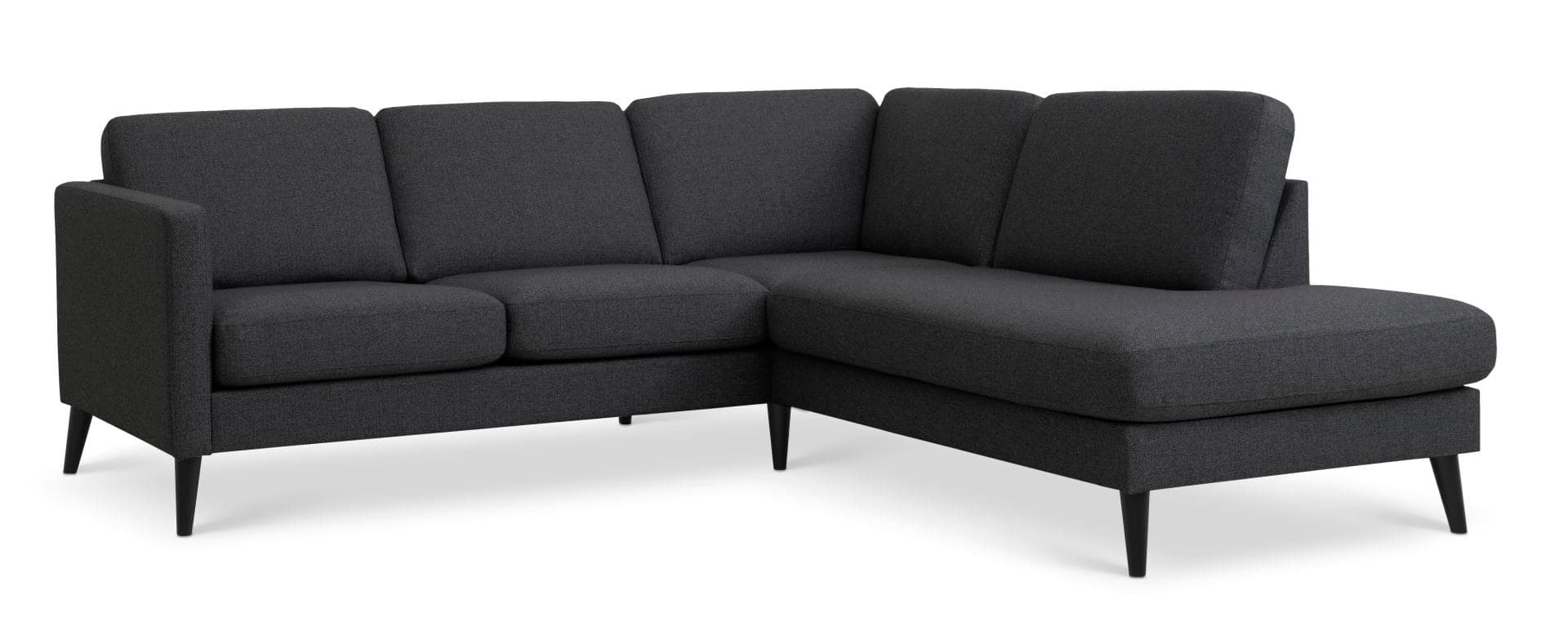 Askset 53 liten OE-soffa, med höger schäslong - antracitgrå polyestertyg och svart trä